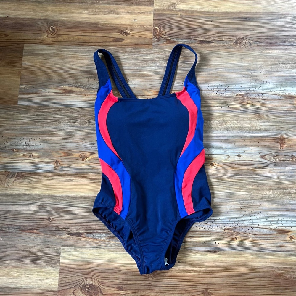 Lands End Women 4P Blue Red Patriotic 4th of July One Piece Swimsuit Modest